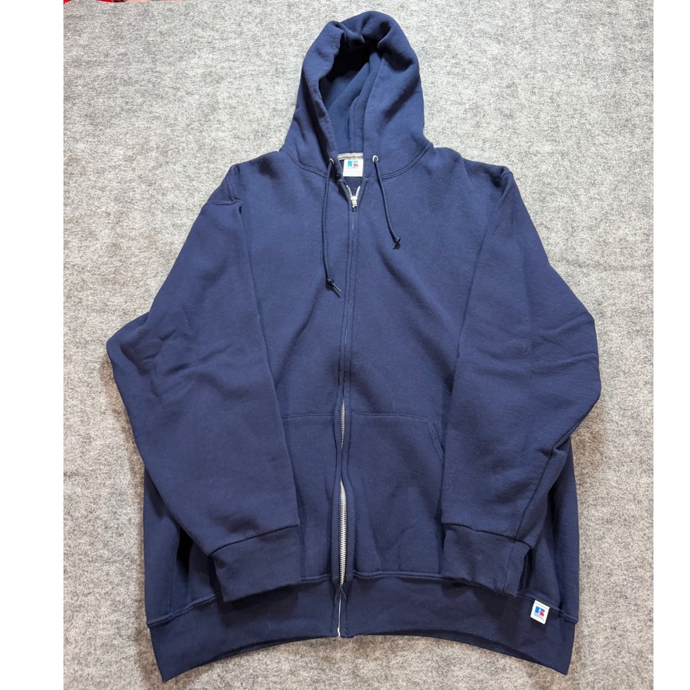Vintage 90s Russell Athletic Mens XXL Navy Blue Full Zip Up Fleece Hoodie